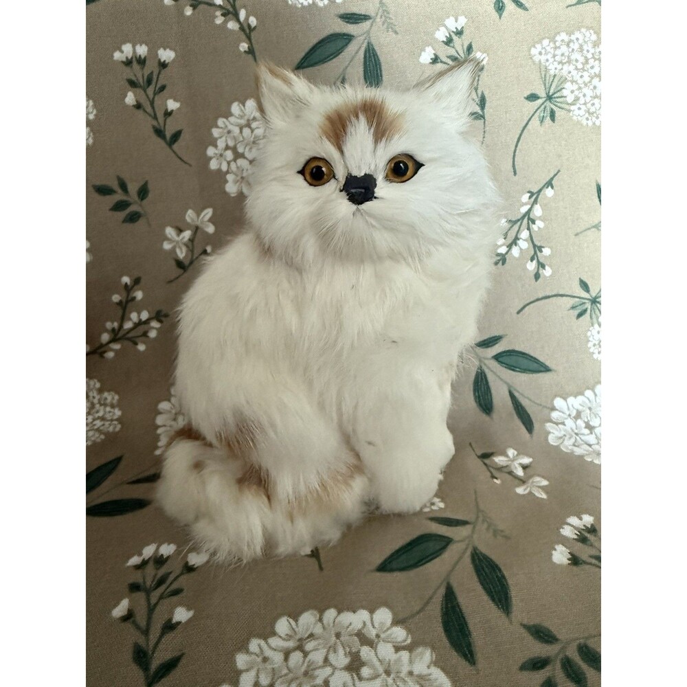 Vintage 7.5" inch Realistic Lifelike Cat White Tan Tabby Calico Rabbit Fur